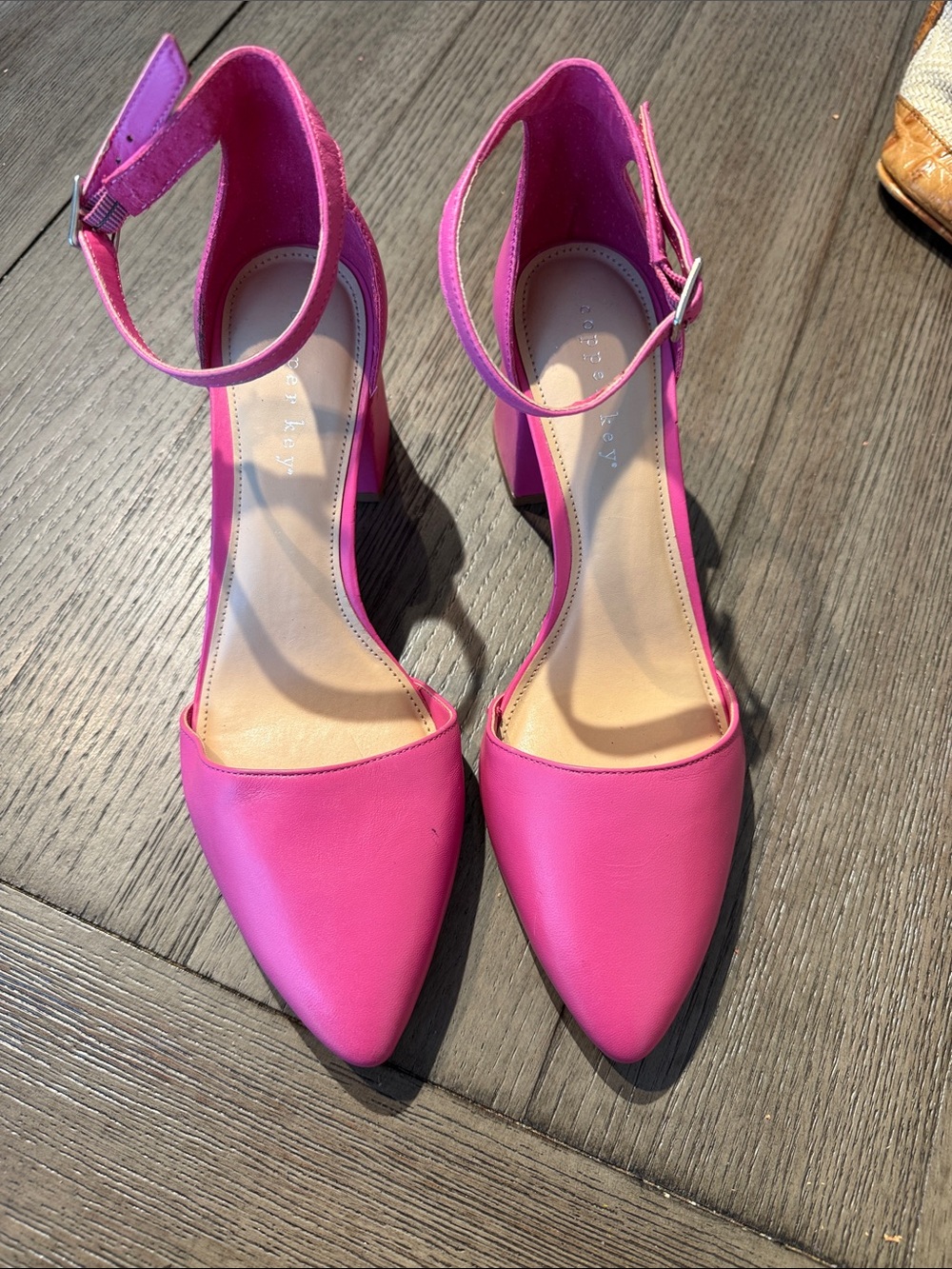 Copper Key Bright Pink Ankle-Strap Pointed-Toe Heels